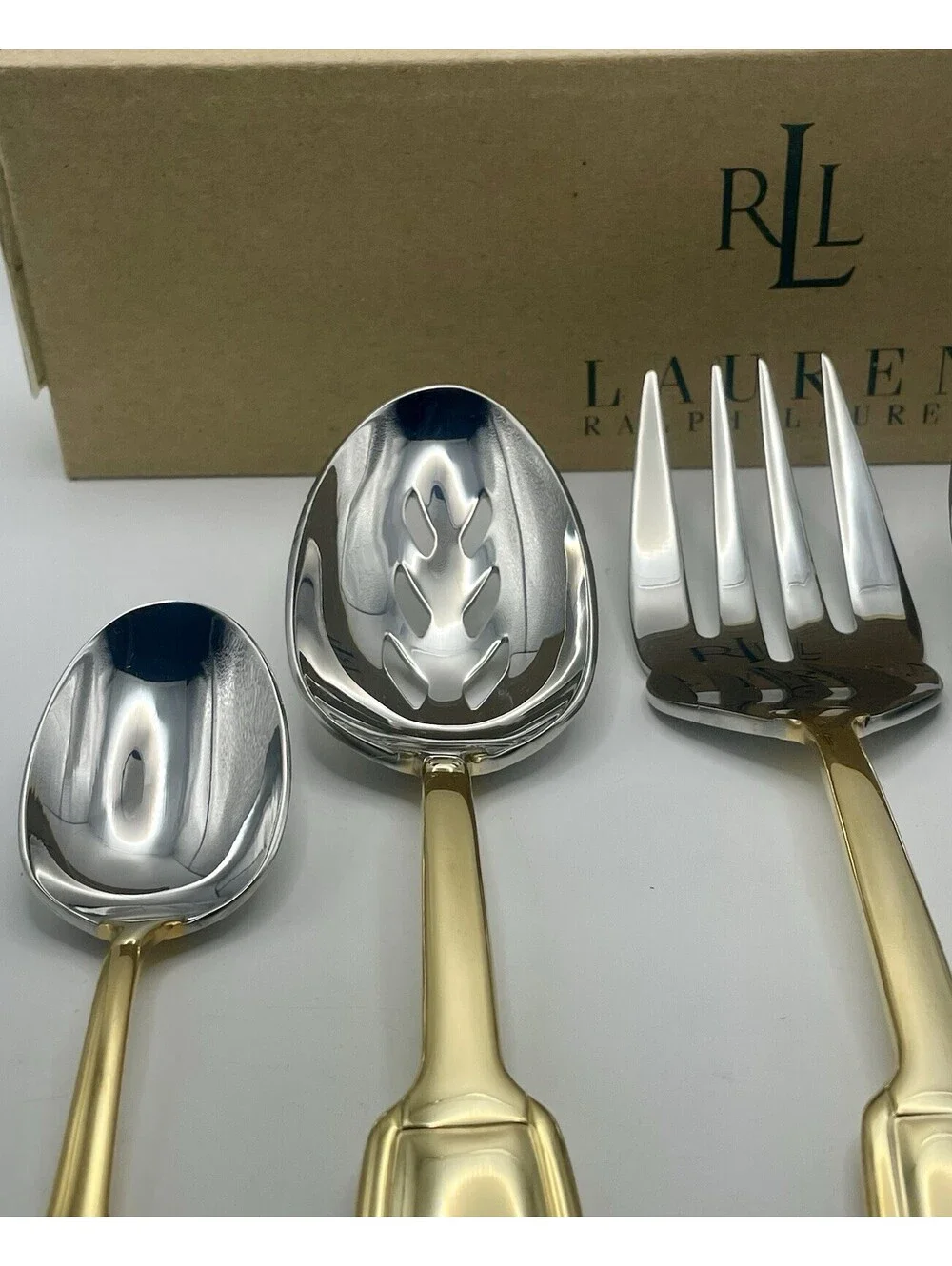 (1) Ralph Lauren PELHAM GOLD 5 Pc Hostess Set 18/10 Stainless China